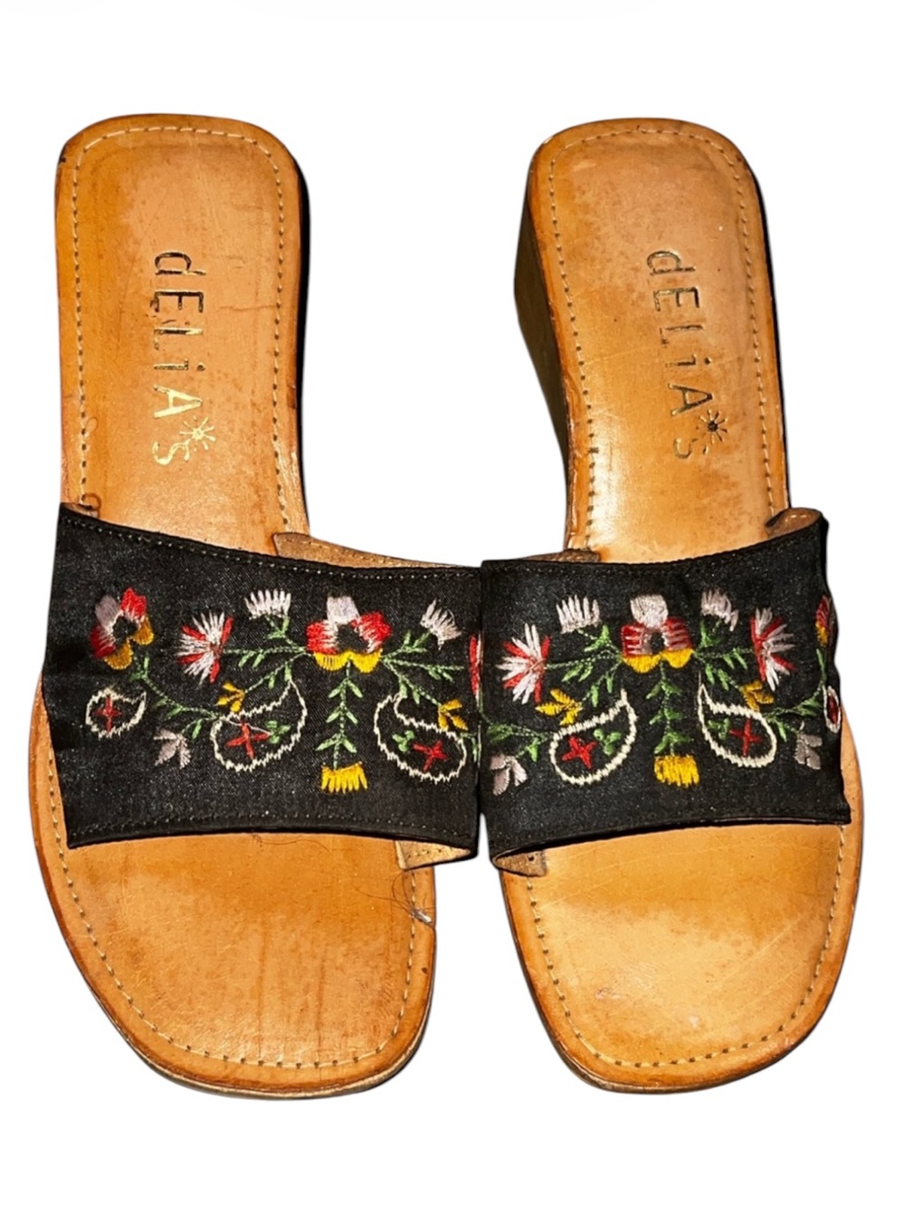 NWOB dELiA*s Y2K Black Embroidered Silk Leather Slide Wedge Sandals size 9